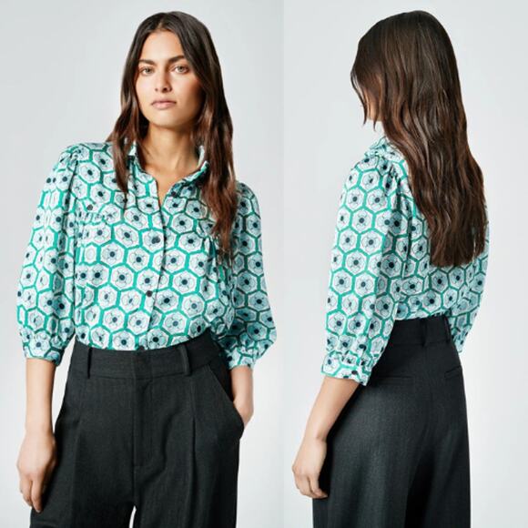 NWT Smythe 3/4 Sleeves Shirred Pocket Blouse Blue Green Floral Size: Small - Picture 7 of 7